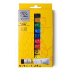A selection of 10 colours from the Winsor & Newton Galeria range of acrylic paint, which is ideal for artists who want good quality colour at an affordable price. Fast-drying and water based, Acrylic paint is comprised of a pigment suspended in an acrylic co-polymer binder.